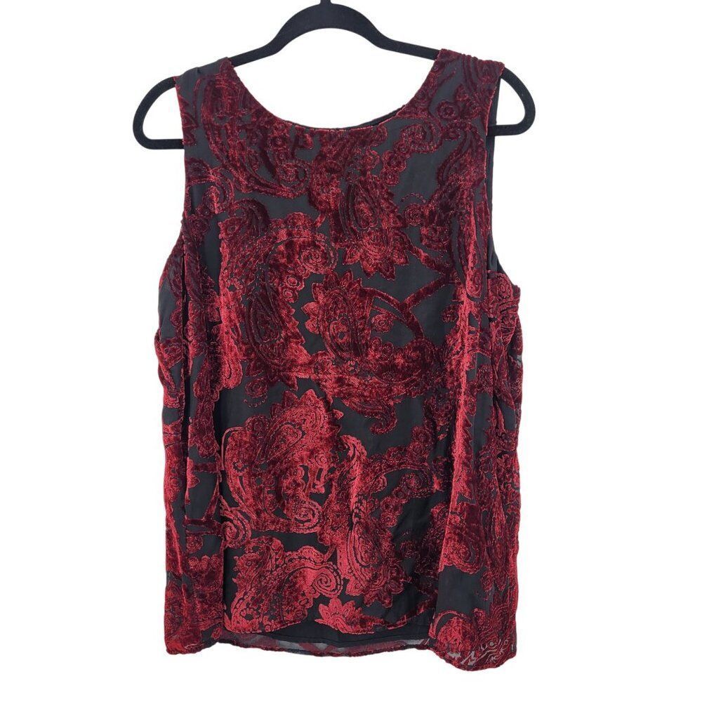 Velvet Burnout Sleeveless Blouse Sz L Paisley Wine Burgundy Maroon Cocktail